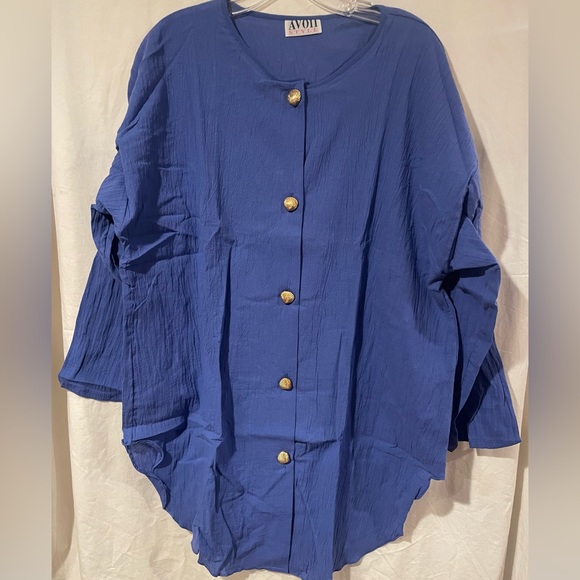 Avon Tops - NIP Avon Royal Blue “Big Shirt” With Gold Shell Buttons.- Very Oversized
